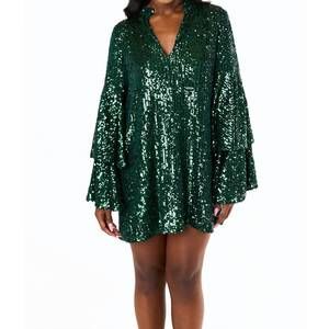 knee length dresses for ladies Mac Duggal High Neck Long Sleeve Sequin A-Line Mini Dress main image 1